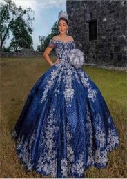 2022 Bling Quinceanera Dresses Royal Blue Sequined Lace Off Shoulder Silver Lace Appliques Beading Sequins Train Sweet 16 Party Pr2808452