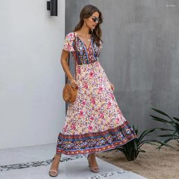 Casual Dresses Floral V Neck Solid Spring Dress Beach Party For Women 2024 Trendy Resort Style Bandage Short Sleeve Long