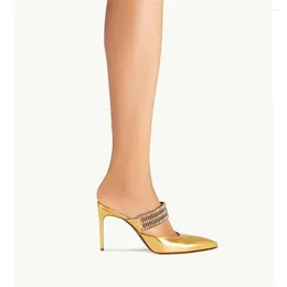 Slippers 2024 Summer Style Fashion High Stiletto Heel Pointed Toe Metal Sexy With Diamond/Rhinestone