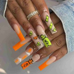 False Nails 24Pcs Simple Funny False Nails Long Coffin Scrawl with French Design Wearable Fake Nails Full Cover Press on Nail Tips Art Y240419