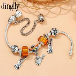 Charm Bracelets DINGLLY Skull Guitar For Men DIY Vintage Style Beads Silver Color Bangle Boy Jewelry Gifts