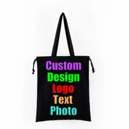 Bags Custom Text Printed Tote Bag Shopping Add Your Original Design White Zip Unisex Travel Canvas