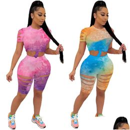 Womens Tracksuits Summer Women Jogger Suits Plus Size 2Xl Tie Dye Outfits Ripped Short Sleeve T Shirtsaddshort Pants Two Piece Set Spo Dhagy