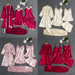 Sleepwear Women's Female 5PCS Pamas Set Satin Pyjamamas Lace Patchwork Bridal Wedding Nightwear Rayon Home Wear Nighty Robe Suit 230517