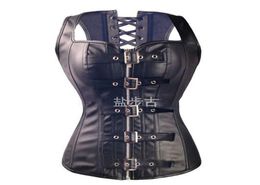 Sexy Black Faux Leather Buckle Overbust Waistcoat Corset Top Steampunk women Bustier Cincher Corselet CO318607892