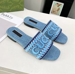 Designer Slides Woman Blue Denim Slide Sandal Embroidered Flat Slipper House Flip Flops Pool Comfort Mules Summer Beach Casual