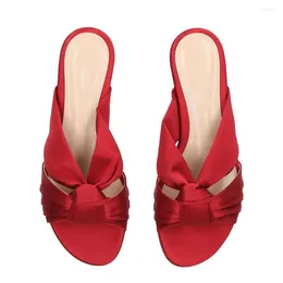 Slippers Summer Comfort Flat Sandals Causal Soft Sandalias Pleated Design Women Shoes Silk Upper Red Solid Sapatos Feminino