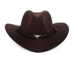 Wide Brim Western Cowboy Hat Men Women Wool Felt Fedora Hats Leather Ribbon Bull Head Band Panama Cap2846172