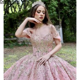 Mexican Pink Quinceanera Dresses Ball Gown Beaded Lace Appliques Bow Sweet 16 Dress Princess Lace Up Vestido De 15 Anos
