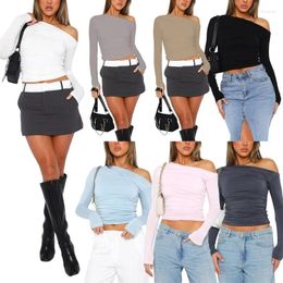 Women's T Shirts Sexy Cropped Top Off Shoulder Women T-shirt 2024 Spring Summer Fashion Long Sleeve White Ruched Woman Irregular Tight