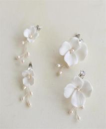 White Ceramic Flower Earrings Wedding Bridal Jewelry Set Freshwater Pearls Flowers Floral Earring Fashion Charm Dropping Long Drop1987231