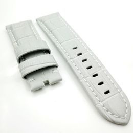 24mm Luxury and High Quality Gray Bamboo Leather White Stitch Watch Band Strap for PAM LUNMINOR RADIOMIR