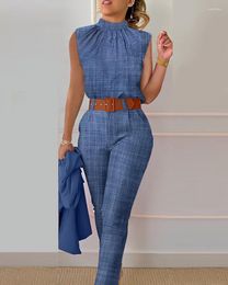 Women's Two Piece Pants Women Pant Sets Turtleneck Print Tops Sleeveless Summer Pieces Pencil Tracksuit High Street Slim Sashes Pockets 2024