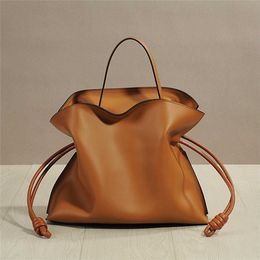 Tote bag genuine leather Autumn and Winter New Luojia Soft Cowhide Drawstring Blessing Bag Water Bucket Bag Large and Small Single Shoulder Handheld