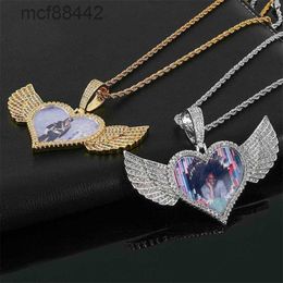 Hot Selling Hip Hop Photo Pendant Copper Diamond Heart Wings Zircon Solid Memory Photo Frame Necklace