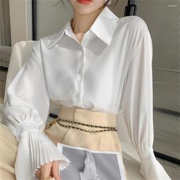 Women's Blouses Korean Fashion Fall Tops Elegant Button Up Female Solid Shirts 2024 Designed Women Flare Sleeve Office Ladies White