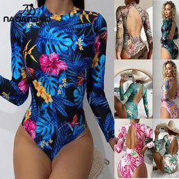 NADANBAO Women Long Sleeves Swimsuits Sexy Backless Swimwear Printing Body Suits Bathing Suit Summer Beach Wear 240411
