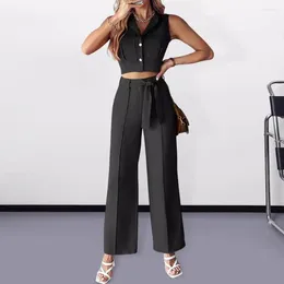 Women's Two Piece Pants Women Vest Set Elegant Wide Leg For Formal Office Attire With Lace-up Belt V Neck Design Stylish Ol