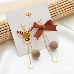 Dangle Earrings Cute Christmas Elk Bow For Women Asymmetric Star Hair Ball Long Tassel Year Gifts Fashion Jewellery