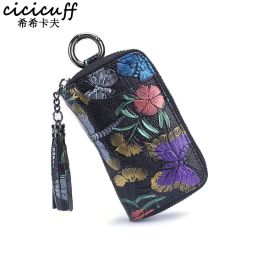 Wallets Fashion Rose Printing Key Case for Door Keys Cover Holder Genuine Leather Key Wallets Bag Tassel Women 8 Keys Holder Housekeeper