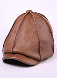Men039s Genuine Leather Hat Male Cow Cap Male Cowhide Warm Baseball Cap Adult Ear Protection Outdoor Octagonal Hat3805760