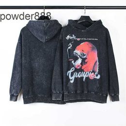 24ss High Street Washed Old Hoodie Smoking Ghost Print Loose Mens and Womens Hooded Sweater for Leisure Use Hellstar