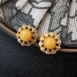 Stud Earrings Round Natural Amber Europe Women Trendy Original Stone Baltic Jewellery S925 Silver Gold Flower Gift