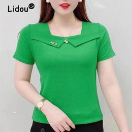 Women's T Shirts Clothing 2024 Summer Fashion Elegant Square Neck Short Sleeve T-shirts Casual Solid Color Loose Tops Camisetas De Mujer