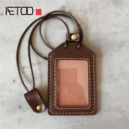 Holders AETOO Genuine leather bus card holder primary school campus transportation card holder female hanging neck rice card holder tran