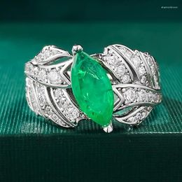 Cluster Rings S925 Silver Ring Emerald Horse Eye Female Leaf Style Daily Exquisite