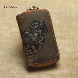 Wallets 100% Genuine Leather Car Key Wallet Men Key Holder Housekeeper Horse Carving Keychain Covers Zipper Case Bag Pouch Purse