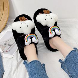 Slippers Winter Cute Women's Furry Outdoor Fashion Flat Bottom Rainbow White Cloud Decoration Sweet Shoes