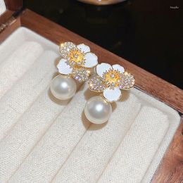 Stud Earrings Elegant Golden Flower For Women With Zircons White Pearl Jewellery Beauty Gift 2024