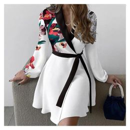 Casual Dresses Elegant Spliced Colour Lace-Up For Women Chic Floral Print V-Neck Slim Mini Party Gown Lady Long Sleeve Vestidos