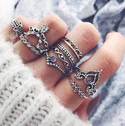 With Side Stones Punk Crystal Rings Set For Women Vintage Hollow Out Flowers Palm Joint Finger Knuckle Female Fashion Jewelry Accessories