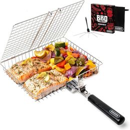 Grill Basket Folding Portable Stainless Steel BBQ With Handle for Fish Vegetables Shrimp Cooking Accessories 240415