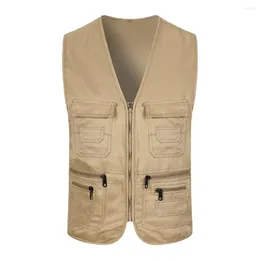 Men's Vests Men Summer Cargo Waistcoat With Multi Pockets V-neck Sleeveless Sports Vest Solid Colour Zipper