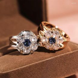 Cluster Rings 2024 Trendy Women Bling Zircon Luxury Silver Colour Ring Female Flower Wedding Party Fashion Jewellery
