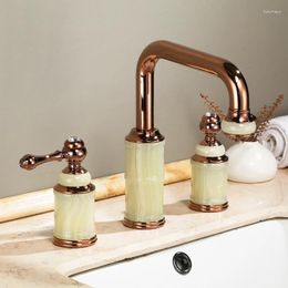 Bathroom Sink Faucets Luxury Rose Gold Brass Natural Jade High Faucet Art Basin Mixer Taps Three Holes Lavatory Faucet--SM536