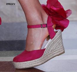 Dress Shoes Suede Leather Back Flowers Wedge Braid Weave Women's High Heel Sandals Slingback Strap Heeled Suitable Summer Party Shoe