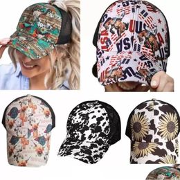 Party Hats Woman Sport Washed Died Messy Buns Ponycaps Leopard Sunflower Criss Cross Trucker Mesh Hat Drop Delivery Home Garden Fest Dhgel