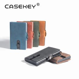 Wallets Extra Thin Men Zipper Card Holder Wallet 100% Genuine Leather Credit Rfid Blocking ID Card Case Metal Pop Up Wallet