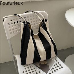 Waist Bags Foufurieux Women Striped Casual Shoulder Female Canvas Large Capacity Tote Handbag Simple Stylish Student Daily Bag Work