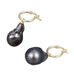 GuaiGuai Jewellery 18MM Natural Black Keshi Baroque Freshwater Pearl Earrings Gold Colour Plated Hook Classic For Women Fashion Jewel3282336