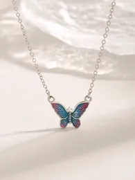 Pendants Pure 925 Silver Blue Pinkish Butterfly Pendant Necklace With Texture For Women's Party Vintage Casual Style Need