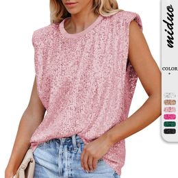 Women's T Shirts High Quality Sequin T-shirt Sleeveless Shoulder Padded Vest Loose Round Neck Top Oversized Shirt Vintage Crop