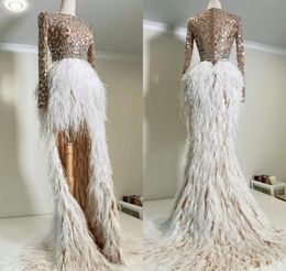 2021 Sexy Illusion Top Evening Dresses with Sequins Hi Lo Feather Skirt Prom Gowns Long Sleeves Second Reception Party Formal Dres5361629