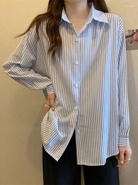 Women's Blouses Designed Blue Striped Women Shirts Fall Long Sleeve Button Up Korean Style Office Ladies Tops Loose Fashion