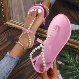 Slippers Ladies Fashion Summer Ribbon Pearl Flip Flops Outer Flat Casual Sandals Big For Women Furry Animals