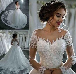 Vintage Lace Ball Gown Wedding Dress Illusion Long Sleeve Beaded Appliques Puffy Bridal Gown with Train Vestido De Novia8394414